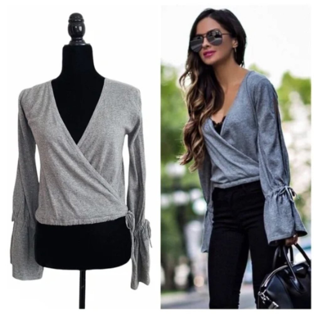NWT MINKPINK X Revolve Chateau Gray Wrap Slit Sleeve Crop Tie Knit Top Sweater S